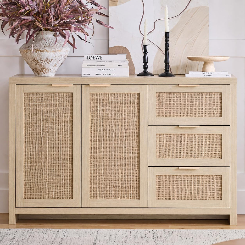OAKHAM HOME Rattan Sideboard Buffet Cabinet with Storage Storage Credenza with 3 Drawers and 2 Doors, Accent Console Table for Living Room, Hallway or Kitchen Light Weathered Oak