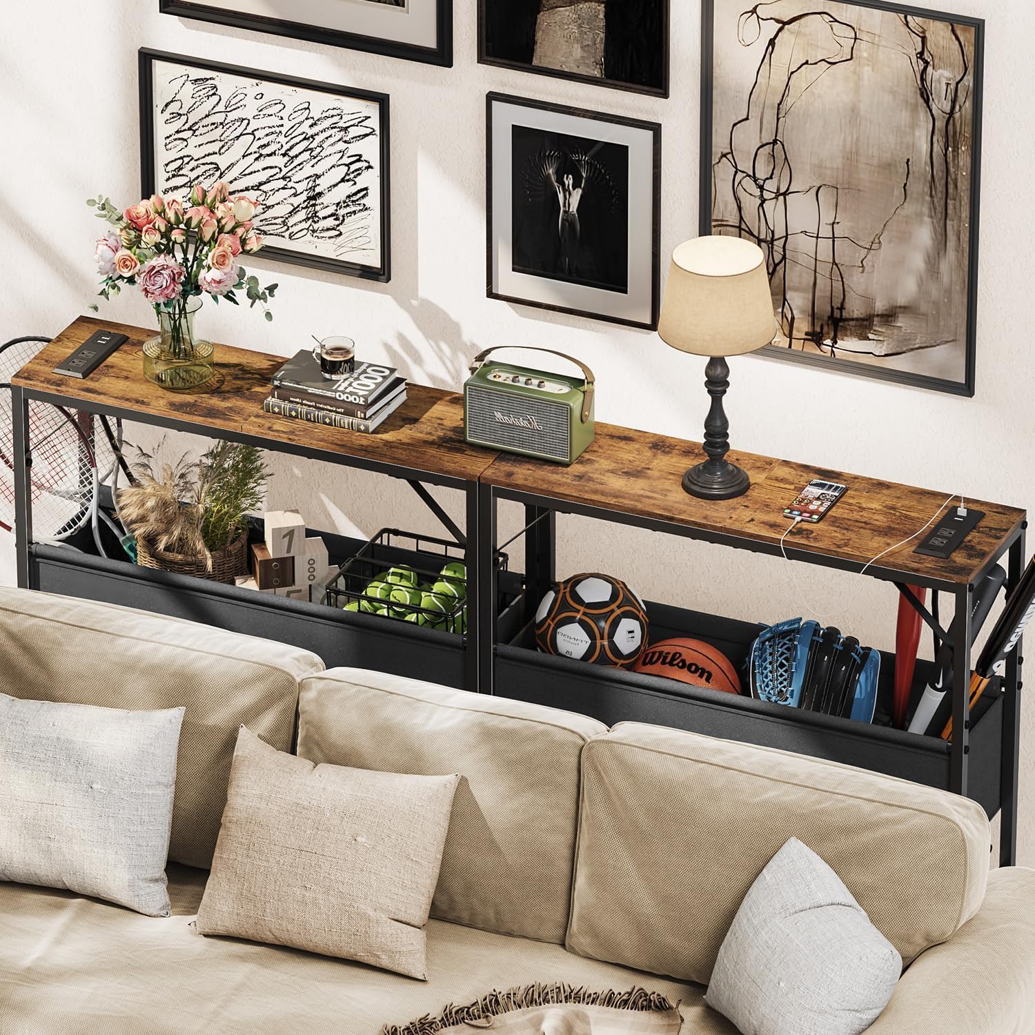 Asgolion 31.5" Console Table, 9.5" D Entryway Table with Power Outlets & USB Ports & Fabric Basket, Narrow Sofa Table for Hallway, Foyer, Living Room, Rustic Brown