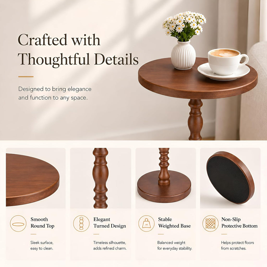 Solid Wood Round Side Table, Rustic Pedestal Drink Table for Small Spaces, Accent Nightstand Table for Living Room, Bedroom, Corners, and Office, Brown