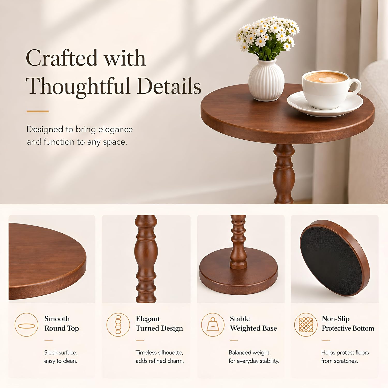Solid Wood Round Side Table, Rustic Pedestal Drink Table for Small Spaces, Accent Nightstand Table for Living Room, Bedroom, Corners, and Office, Brown