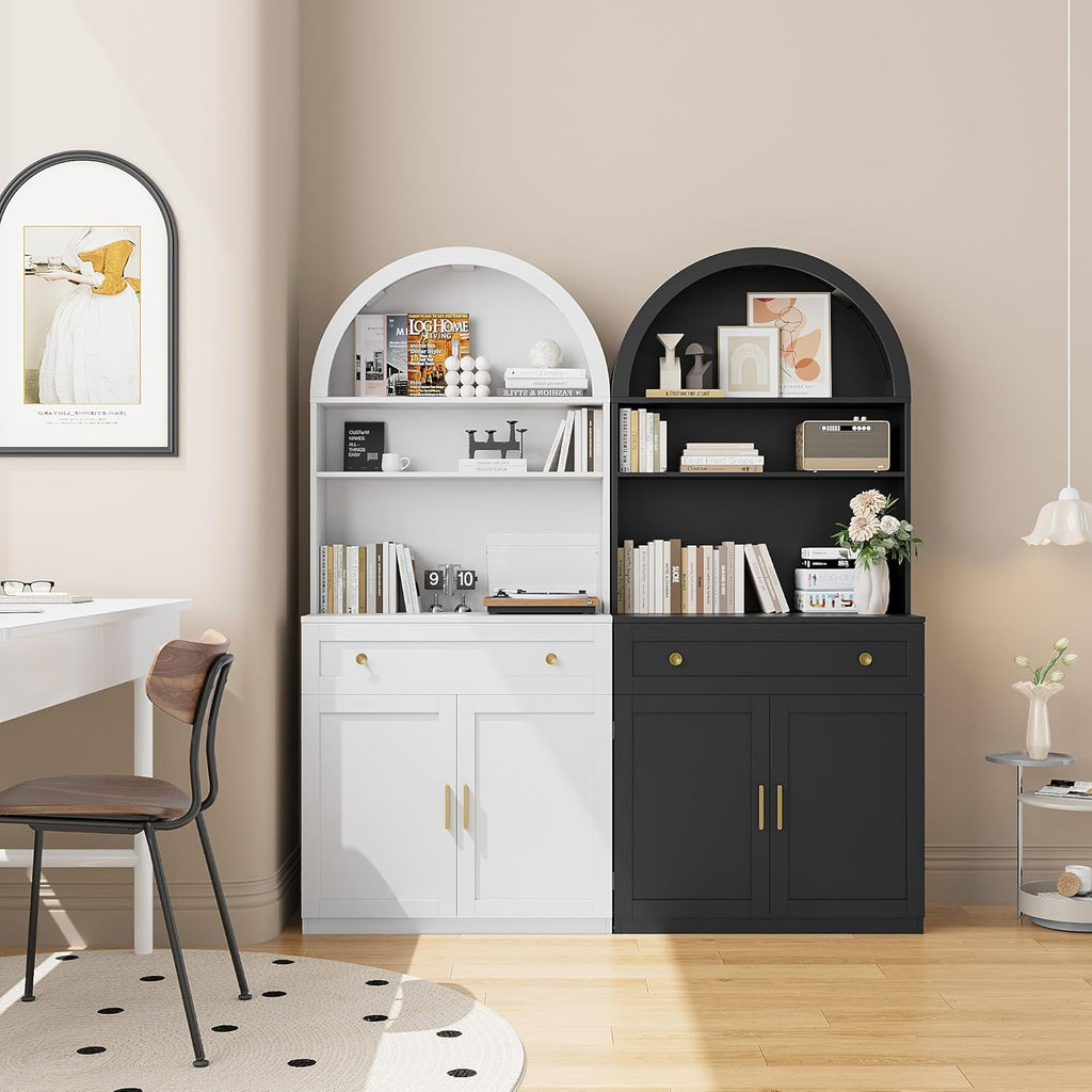 71" Tall Arched Kitchen Pantry Cabinet, Modern Kitchen Storage Cabinets with Hidden Drawer and Spacious Countertop, Wooden Storage Pantry Cabinet for Living Room, Dining Room, White