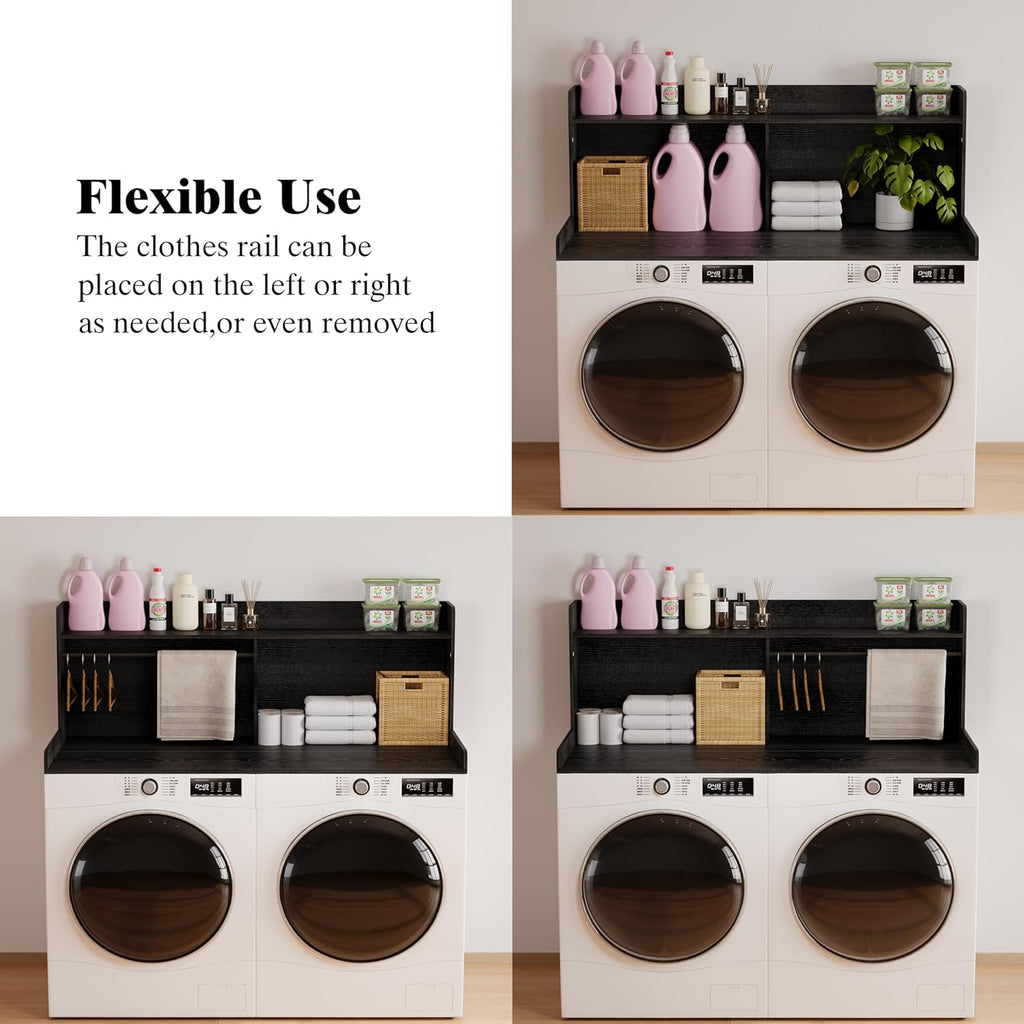 Unionly 2-Tier Washer Dryer Countertop with Clothes Rail，Laundry Topper with Edge and Non-Slip Pad for Washer and Dryer Laundry Hamper Counter Storage Organization (Black, Full)