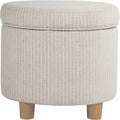 Homepop Home Decor | Upholstered Round Storage Ottoman | Ottoman with Storage for Living Room & Bedroom, White Woven Stripe