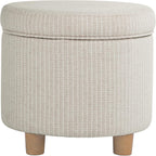 Homepop Home Decor | Upholstered Round Storage Ottoman | Ottoman with Storage for Living Room & Bedroom, White Woven Stripe