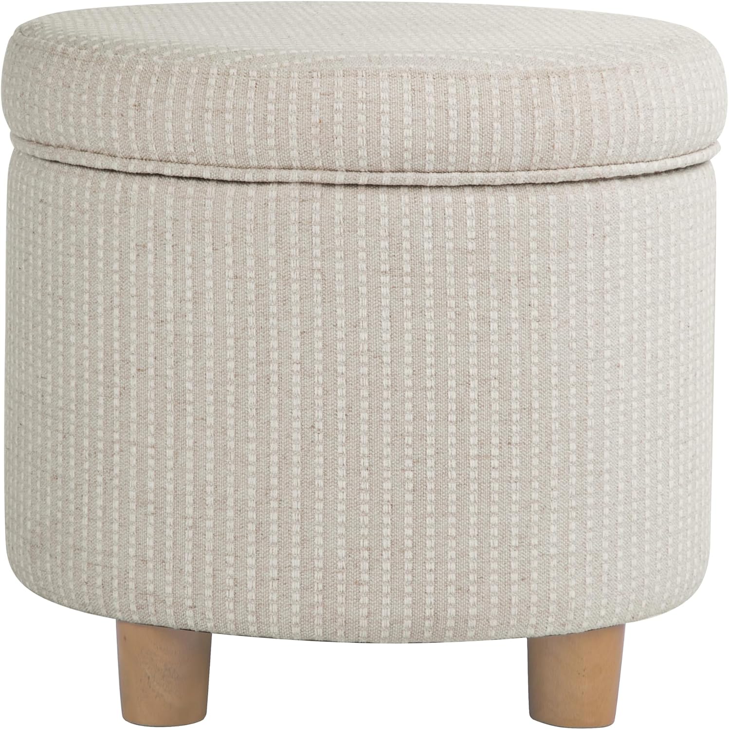 Homepop Home Decor | Upholstered Round Storage Ottoman | Ottoman with Storage for Living Room & Bedroom, White Woven Stripe