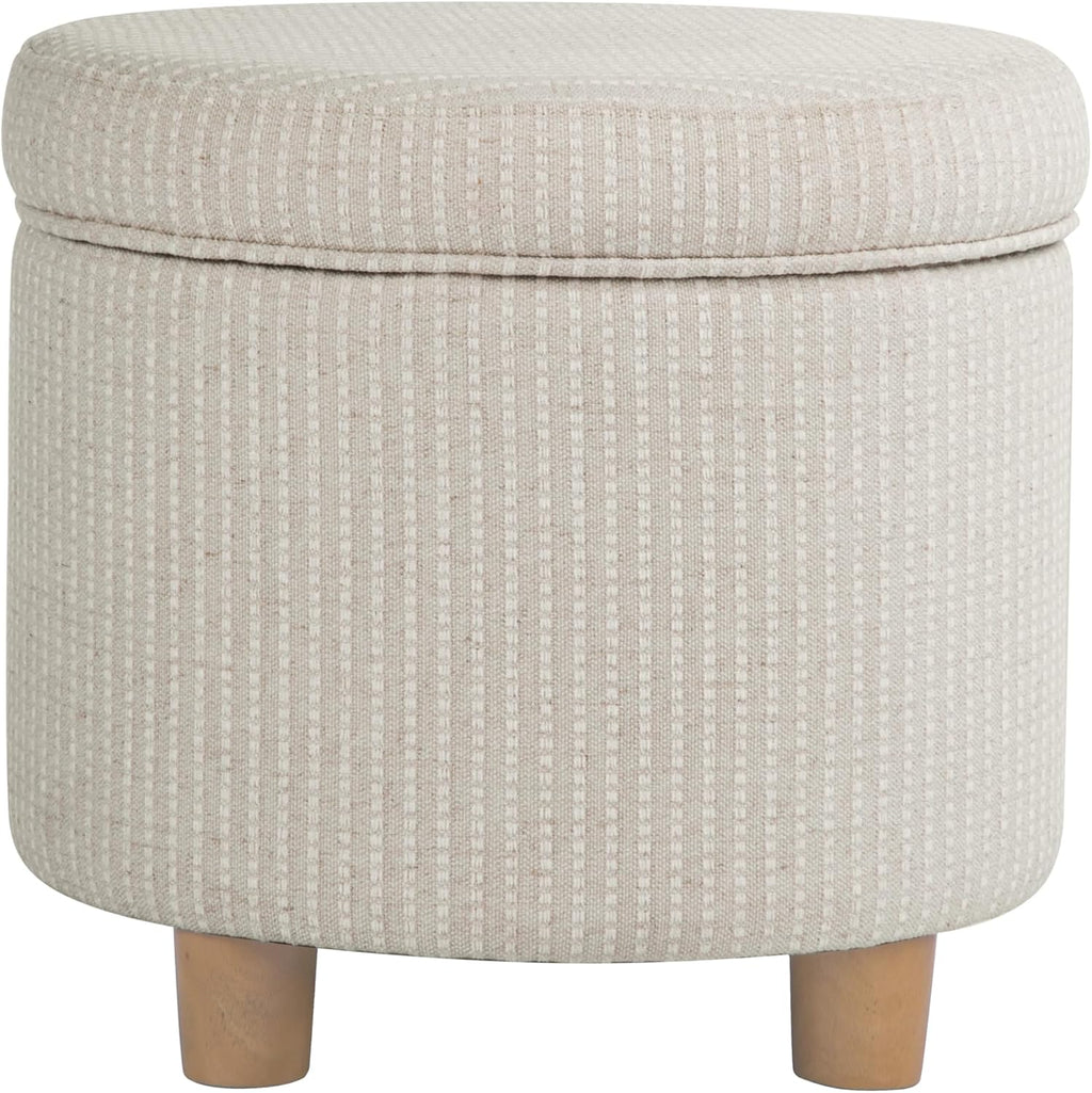Homepop Home Decor | Upholstered Round Storage Ottoman | Ottoman with Storage for Living Room & Bedroom, White Woven Stripe