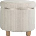 Homepop Home Decor | Upholstered Round Storage Ottoman | Ottoman with Storage for Living Room & Bedroom, White Woven Stripe