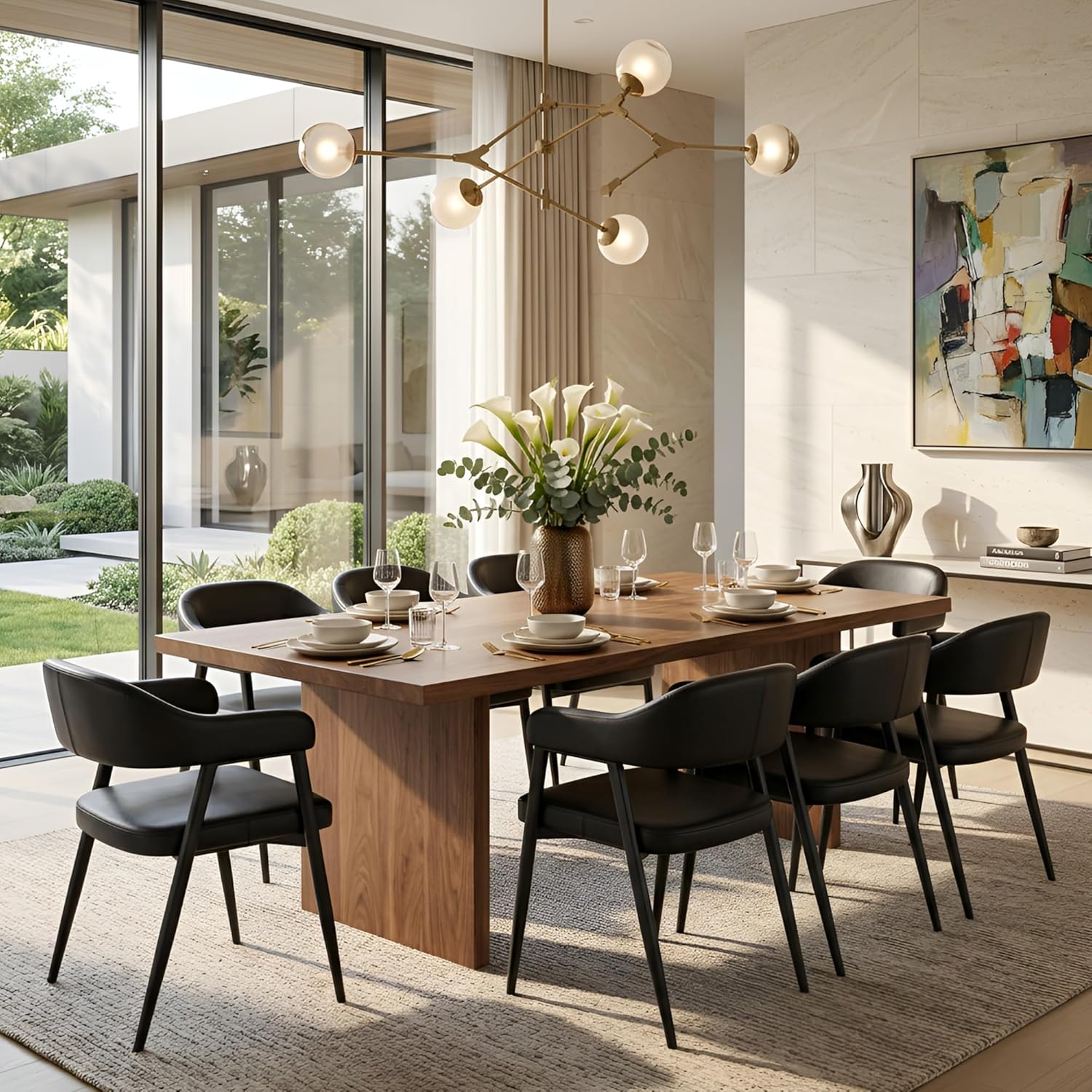 HNY Modern Dining Room Arm Chairs Set of 6, Retro Faux Leather Upholstered Barrel Dining Chairs with Arms Mid-Century Black Accent Chair with Metal Legs, Open-Back Kitchen Side Chair for Living Room