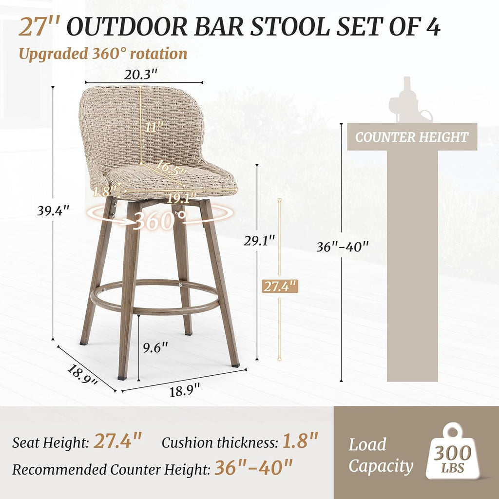 LUE BONA Swivel Outdoor Bar Stools Set of 4, 27" Wicker Counter Height Patio Chairs, All-Weather Waterproof Boho Coastal Bar Stools with Backrest for Kitchen Island, Porch, Patio, Pool, Apricot