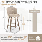 LUE BONA Swivel Outdoor Bar Stools Set of 4, 27" Wicker Counter Height Patio Chairs, All-Weather Waterproof Boho Coastal Bar Stools with Backrest for Kitchen Island, Porch, Patio, Pool, Apricot