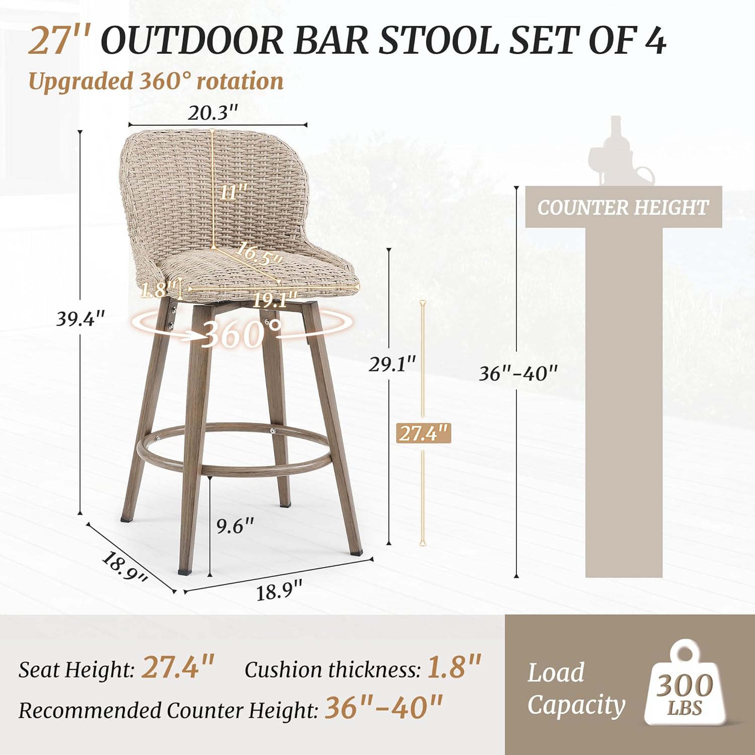 LUE BONA Swivel Outdoor Bar Stools Set of 4, 27" Wicker Counter Height Patio Chairs, All-Weather Waterproof Boho Coastal Bar Stools with Backrest for Kitchen Island, Porch, Patio, Pool, Apricot