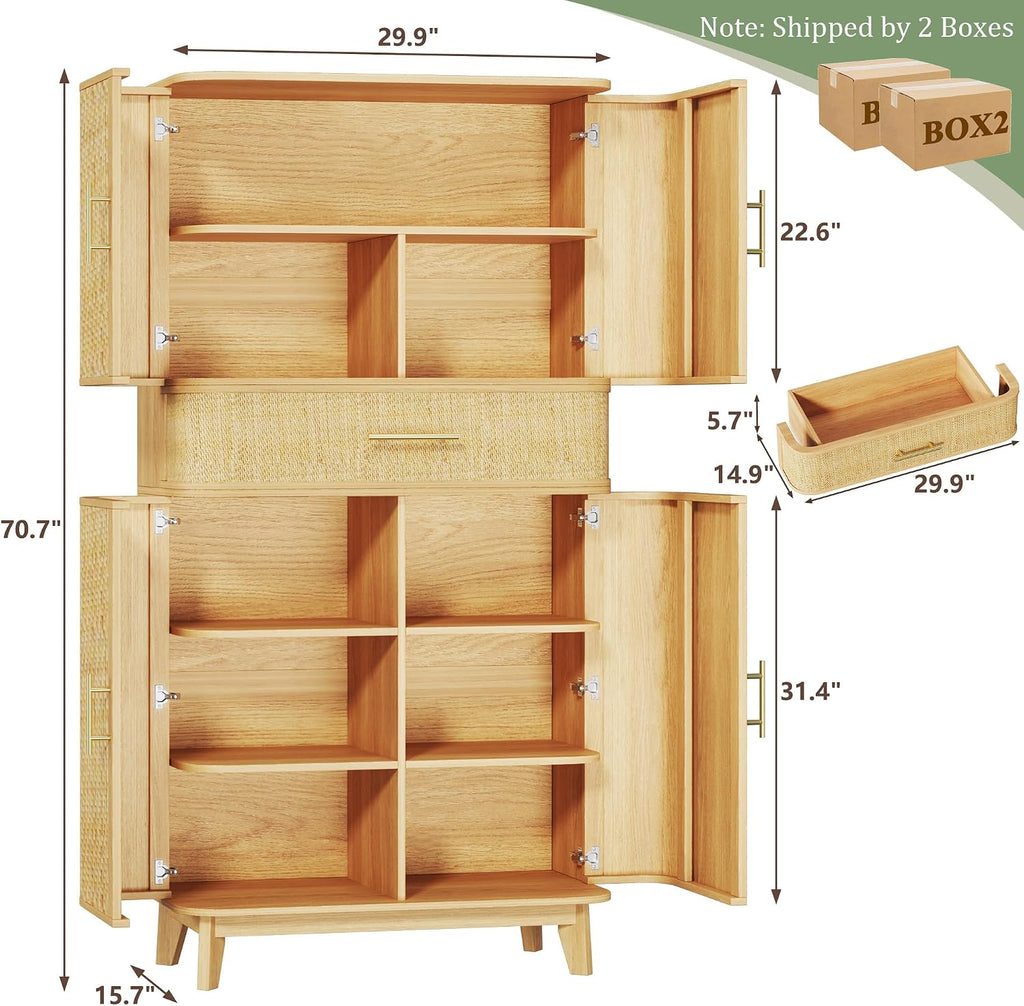 HUAHUU Kitchen Pantry Cabinet, 71" Tall Pantry Storage Cabinet with Rattan Doors, Large Drawer, Modern Curved Cabinets for Kitchen, Dining Living Room, 10 Compartment Wooden Food Pantry, Natural