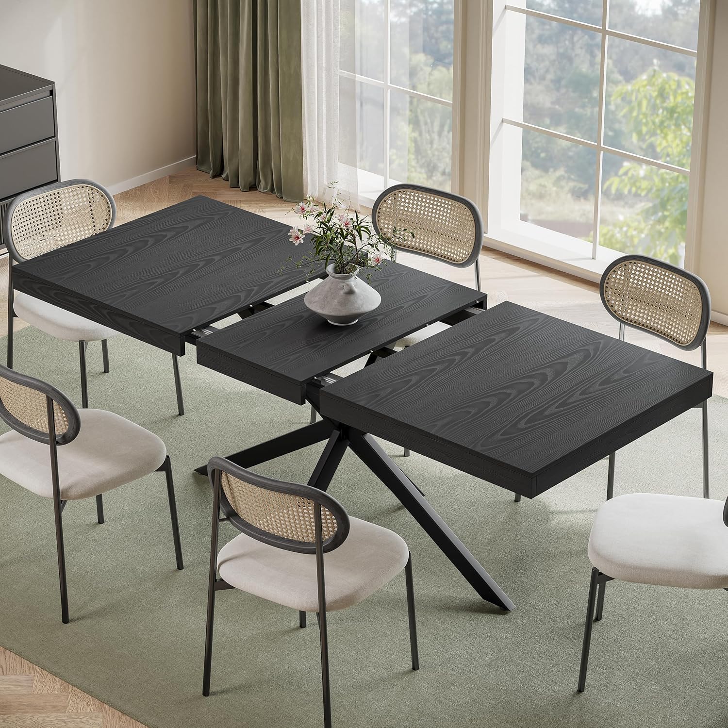 Extendable Dining Room Table for 4 6 8, 55"-71" Long Rectangle Kitchen Table,Wood Expandable Dining Table with Hidden Leaf & Storage, Space Saving, for Kitchen Dining Living Room, Modern, Black