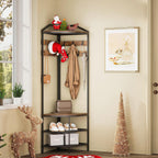 GiftGo Corner Hall Tree with Shoe Bench Entryway Coat Rack with 10 Metal Movable Hooks Floor Standing Clothes Rack Shoes Shelf Organizer for Home Office Bedroom (Rustic Brown)