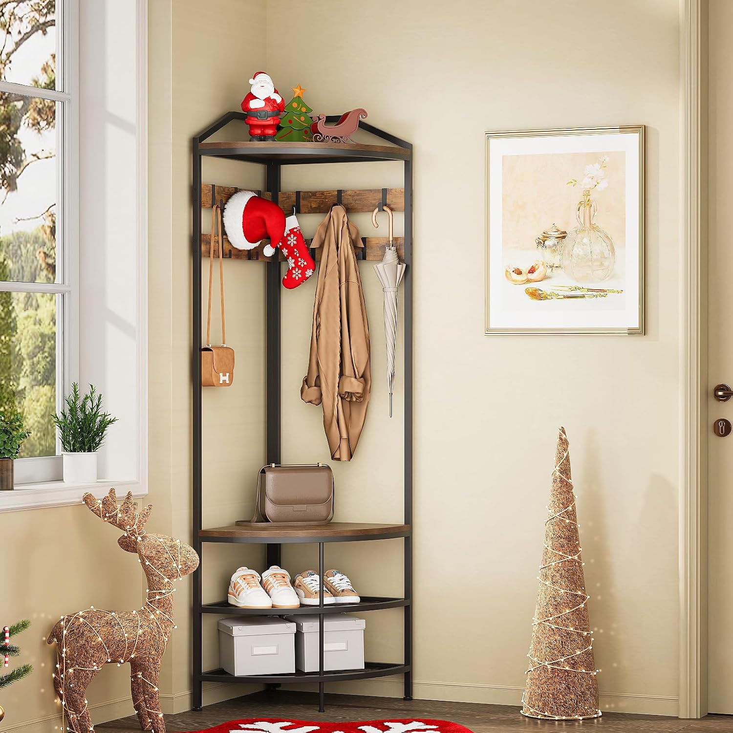 GiftGo Corner Hall Tree with Shoe Bench Entryway Coat Rack with 10 Metal Movable Hooks Floor Standing Clothes Rack Shoes Shelf Organizer for Home Office Bedroom (Rustic Brown)