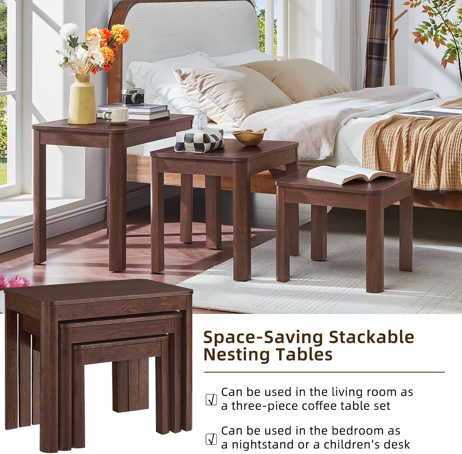 Joaxswe Farmhouse Nesting Tables Set of 3, Living Room Table Set with Rounded Corners & 4 Thickened Table Legs, Walnut