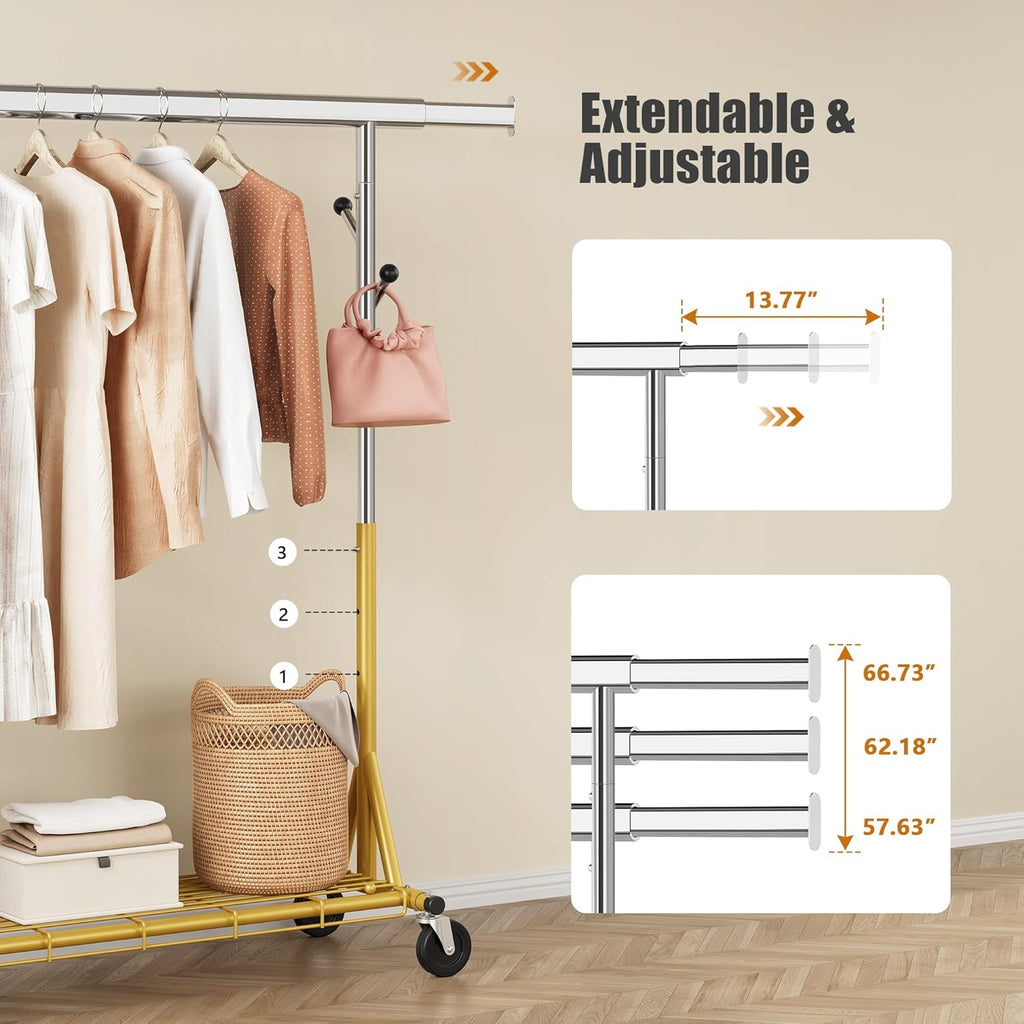 Gewudraw Rolling Clothes Rack Load 530lbs,Heavy Duty Garment Rack With Sturdy Wheel And Shelves, Adjustable Portable Hanging Rack For Clothes, Gold