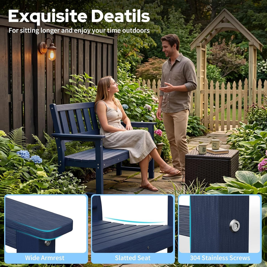HDPE 2-Person Outdoor Bench, Poly Lumber All-Weather Patio Garden Bench with Backrest, 50 Inch Heavy-Duty Memorial Bench with 800 Lbs Capacity for Outside, Yard, Porch, Balcony and Park (Blue)
