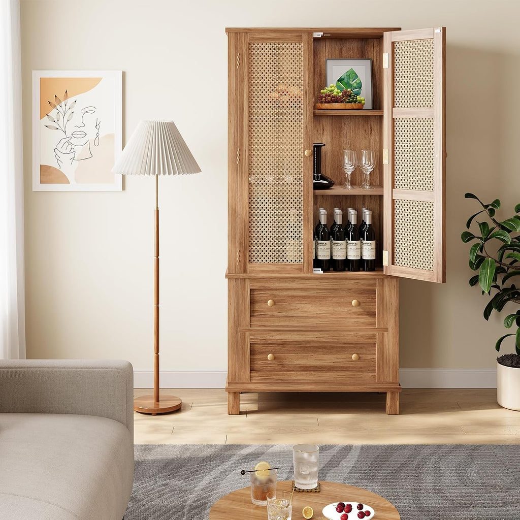 Rattan Pantry Cabinet, 64 Inch Tall Kitchen Storage Cabinet with 2 Adjustable Shelves, 2 Drawers, Large Wooden Food Cupboard for Living Room, Dining Room, Light Brown