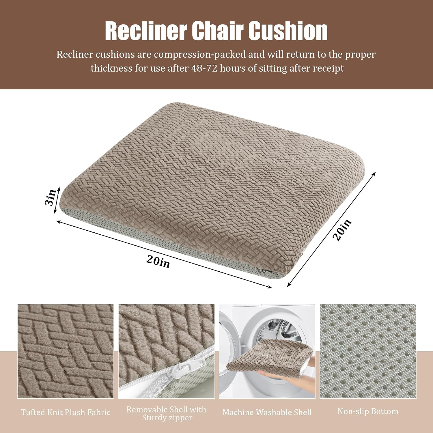 HOMBYS Tufted Furry Recliner Seat Cushion for Elderly Foam Curved Edge Large Square Seat Cushion for Recliner Chair, Floor Pillow, Office Chair, Car, No Pressure on Thighs(Brown)