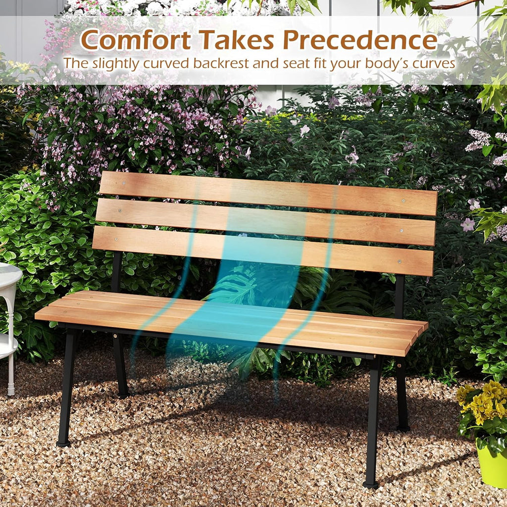 Tangkula Acacia Wood Outdoor Bench with Backrest, Patio Loveseat with Heavy Duty Metal Frame, Slatted Backrest and Seat, Park Bench for Outside Front Porch, Garden and Backyard