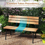 Tangkula Acacia Wood Outdoor Bench with Backrest, Patio Loveseat with Heavy Duty Metal Frame, Slatted Backrest and Seat, Park Bench for Outside Front Porch, Garden and Backyard