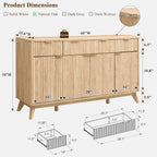 T4TREAM Large Buffet Sideboard Cabinet with Storages, 60" Fluted Modern Buffet Table Coffee Bar Wine Bar Storage Cabinet with 3 Drawers & 4 Doors for Dining Room, Living Room, Hallway(Natural Oak)