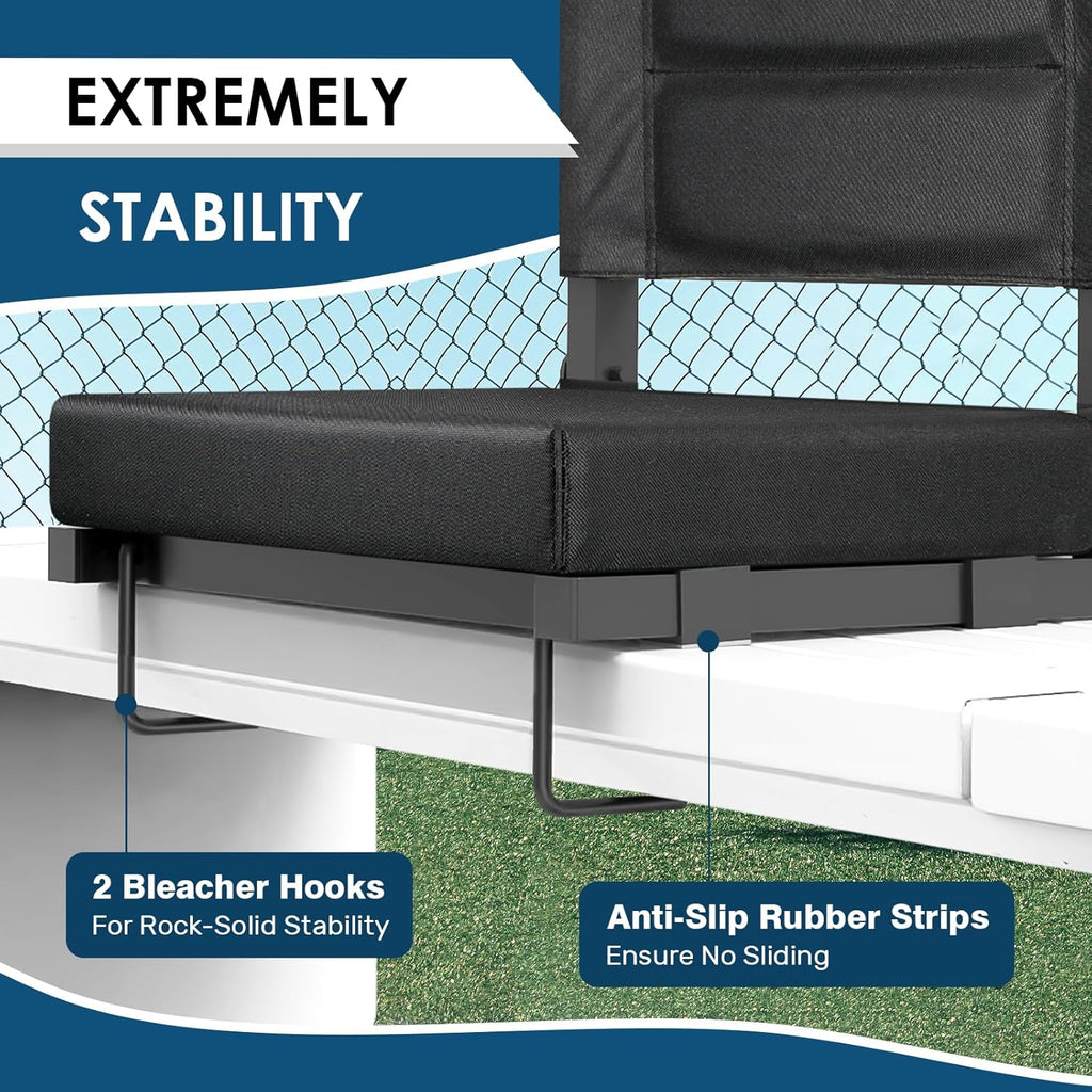 Stadium Seats with Back Support,Bleacher Chairs with Cushion, Portable Folding Stadium Chair with Removable Cushion and Large Pocket for School Events Sports Game(Black)