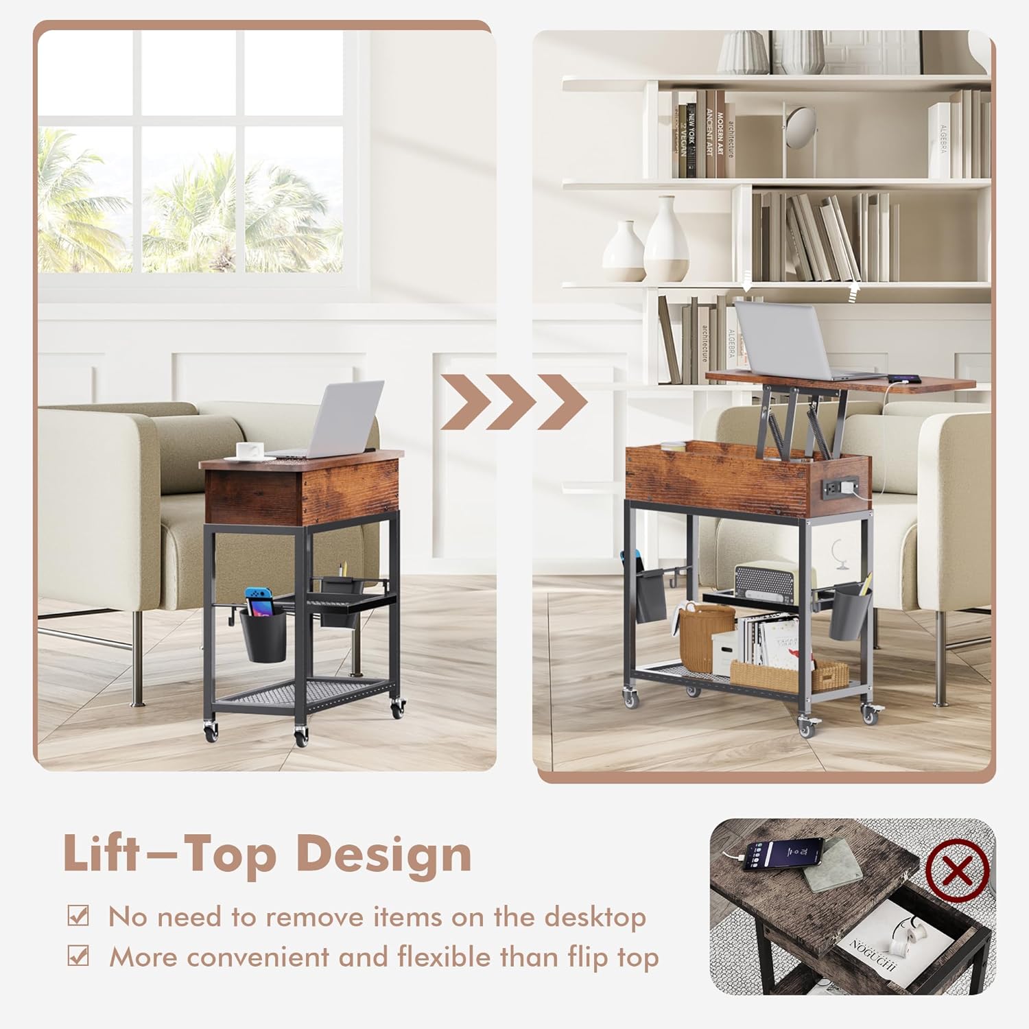Colima Lift-Top Side Table with Charging Station - Mobile End Table with USB Ports & AC Outlets, Hidden Storage, Wheels - Rustic Wood Nightstand for Living Room, Bedroom, Office