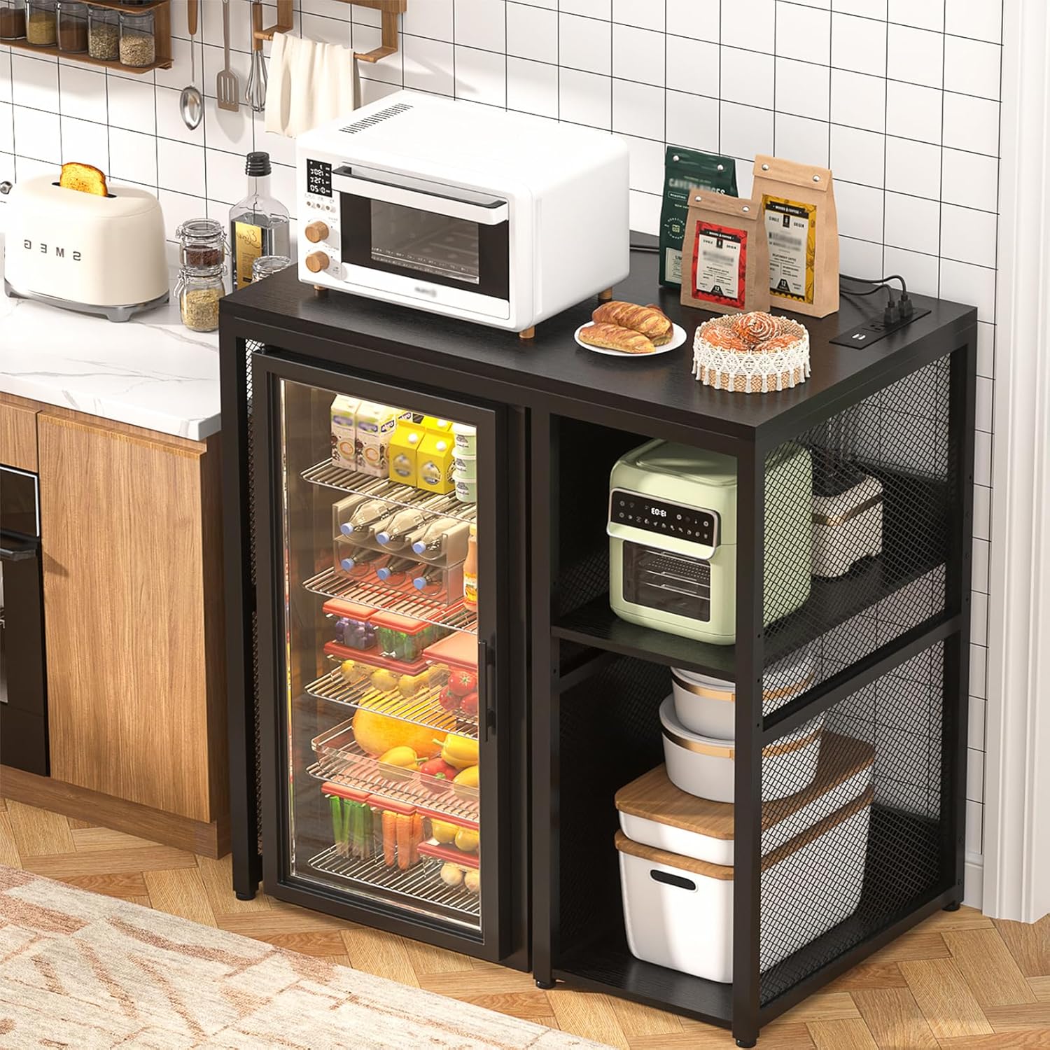 Homieasy Mini Fridge Cabinet with Power Outlet, Coffee Bar Cabinet with Mini Fridge Space, Industrial Liquor Cabinet with Wine Storage & Glass Holder for Dorm, Living Room, Home Kitchen, Black