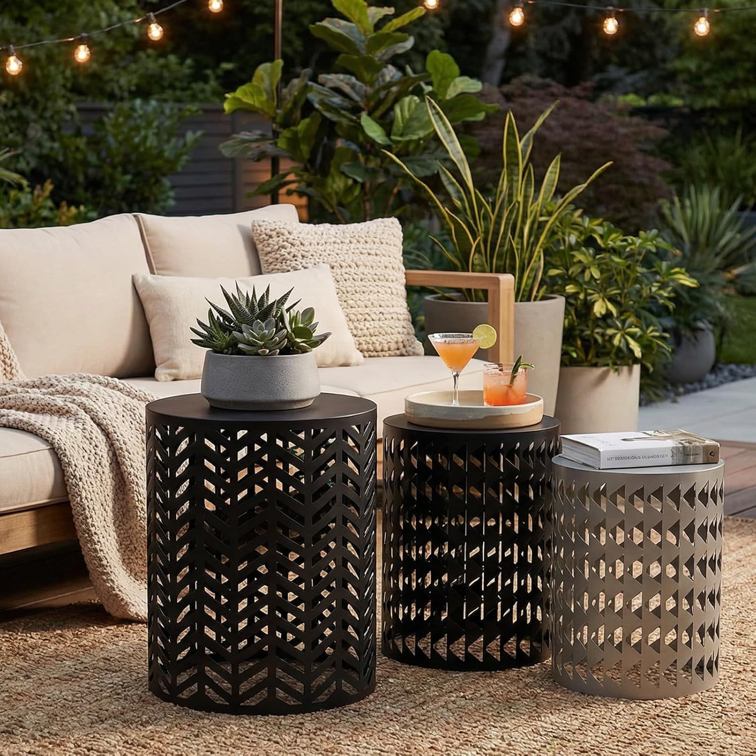 Outdoor Side Table, Outdoor Nesting Tables Set of 3, Patio Side Table End Table for Outside Living Room Balcony Garden Outdoor Indoor (Black & Gray)