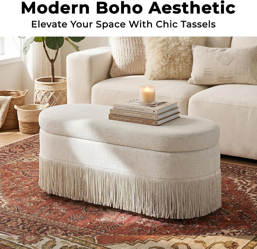 39.4“ Boho Storage Ottoman Bench with Tassels, Linen Upholstered Ottoman with Storage, Oval End of Bed Bench, Entryway Foot Rest for Bedroom, Lift-Top Lid with Safety Hinge, Living Room, Beige