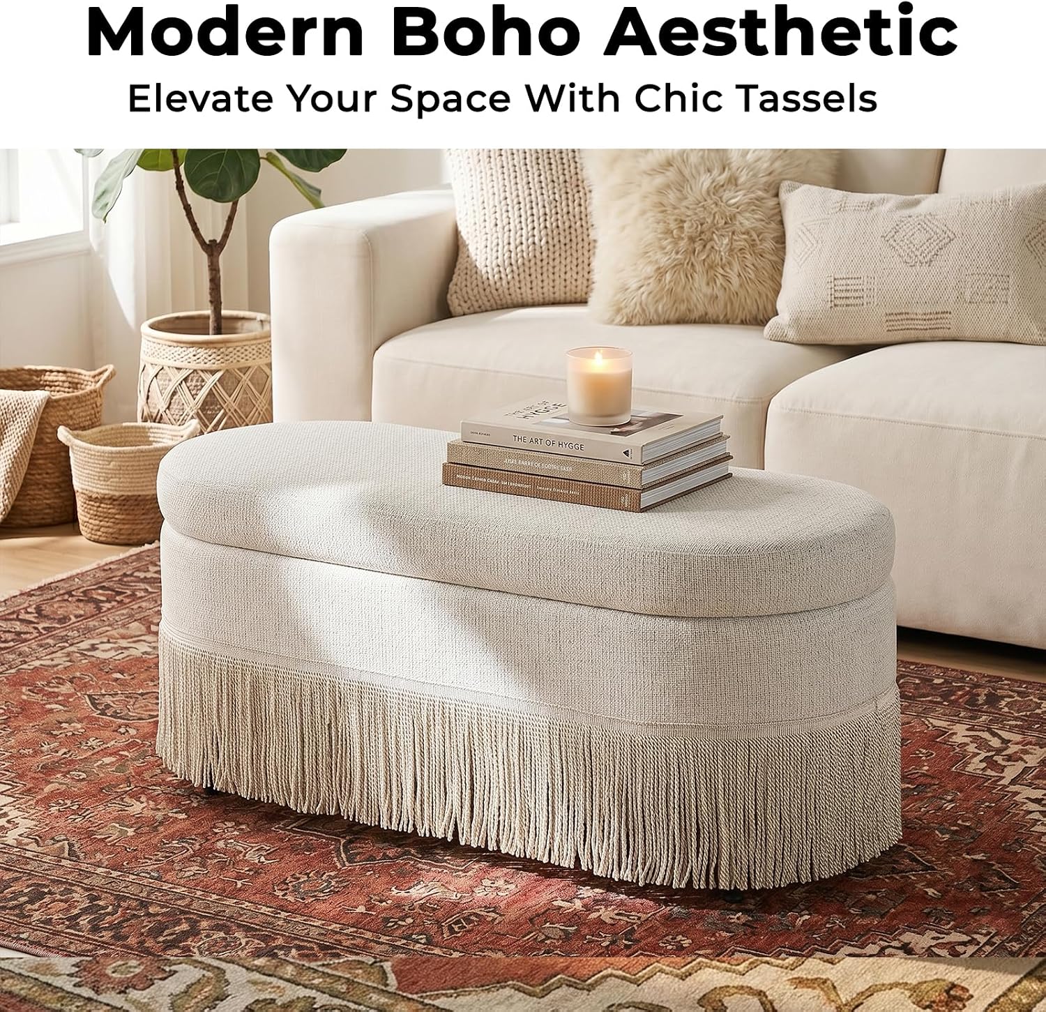 39.4“ Boho Storage Ottoman Bench with Tassels, Linen Upholstered Ottoman with Storage, Oval End of Bed Bench, Entryway Foot Rest for Bedroom, Lift-Top Lid with Safety Hinge, Living Room, Beige