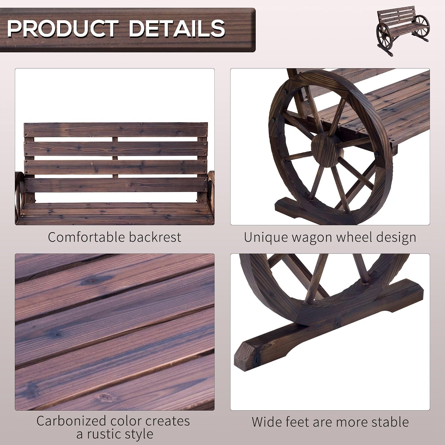 Wheel Solid Fir Wood Bench for Outdoor Patio with Carbonized Finish 2-Person 550lb Capacity