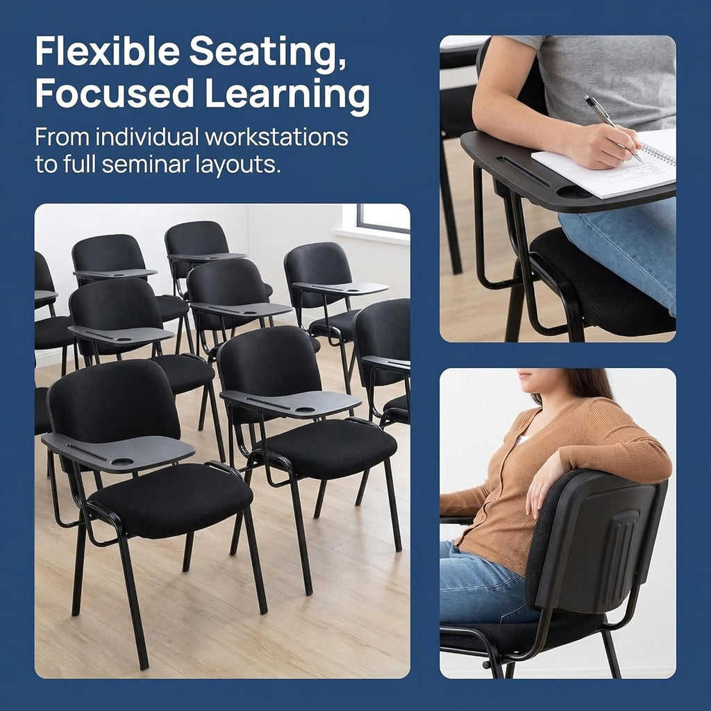 HNY Black Tablet Arm Chairs Set of 5, Mesh Office Waiting Room Guest Nesting Stacking Chairs, Reception Chairs with Flip-Up Table Conference Chair for School Classroom Training Meeting Room