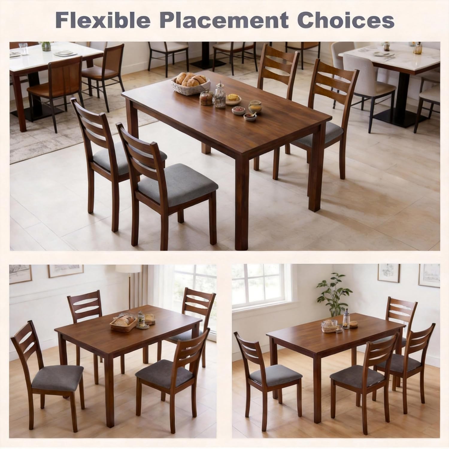 COSTWAY Dining Table Set for 4, 5- Piece Dinette Set with 4 Upholstered Chairs, Rubber Wood Frame & Space-Saving Design, Farmhouse Kitchen Table Set for Apartment and Breakfast Nook