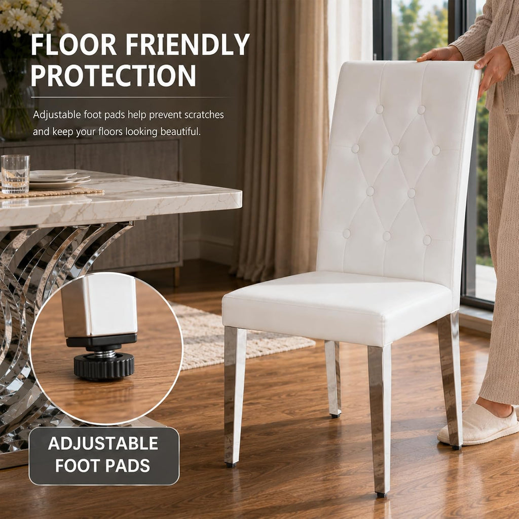 White Dining Chairs Set of 4,Faux Leather with Silver Metal Legs,Tufted Buttom Decor on Back,Armless Kitchen Room Chairs Set of 4,High Back Modern Design for Home Kitchen Living Room Bedroom
