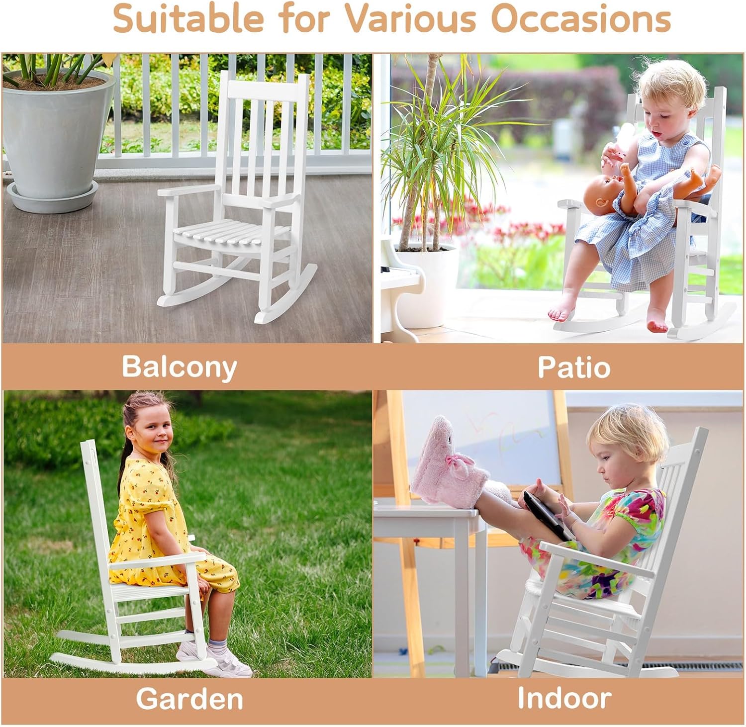 Outvita Wood Children's Rocking Chair, Perfect for Indoor or Outdoor All-Weather Wooden Porch Rocker for Garden, Yard, and Balcony, Patio Rocking Chair Suitable for Kids Ages 6-10(White)