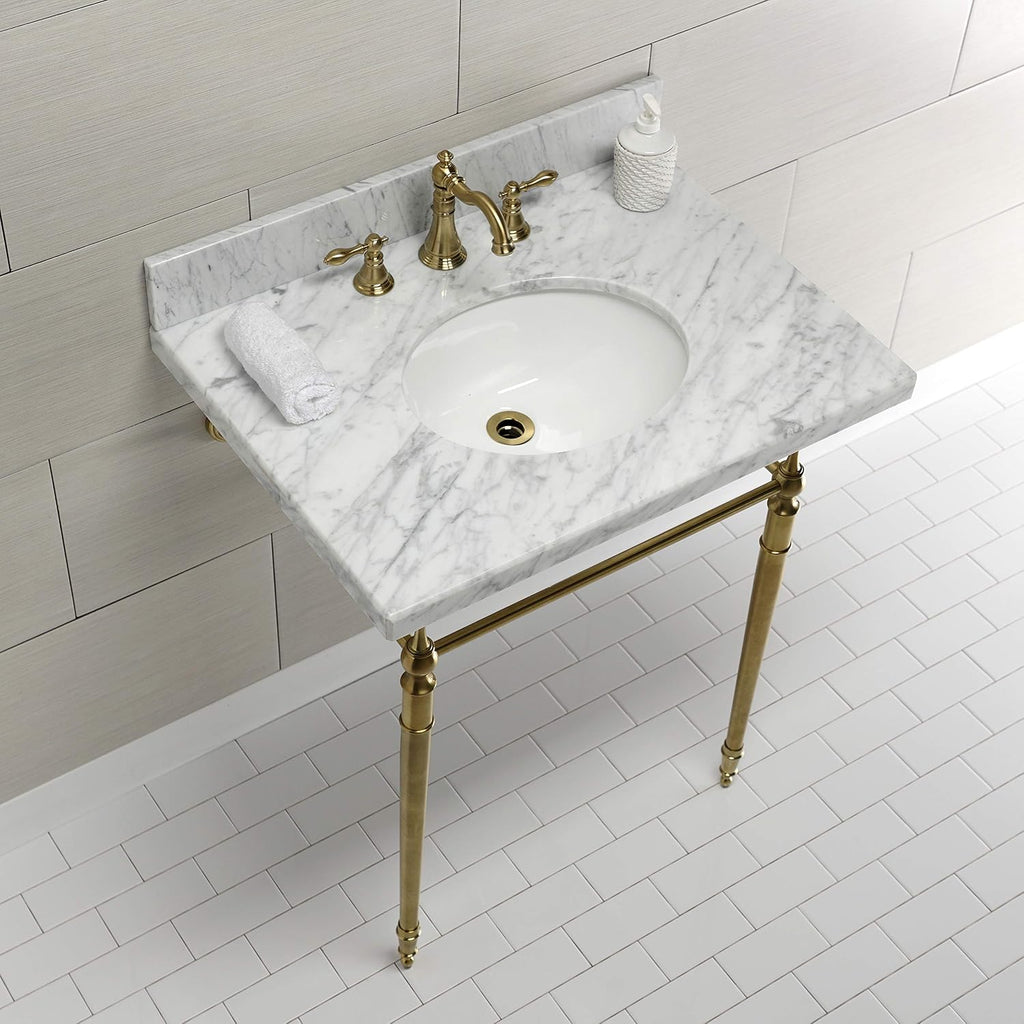 Kingston Brass KVPB3022M87 Edwardian 30" Console Sink with Brass Legs (8-Inch, 3 Hole), Marble White/Brushed Brass