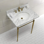 Kingston Brass KVPB3022M87 Edwardian 30" Console Sink with Brass Legs (8-Inch, 3 Hole), Marble White/Brushed Brass