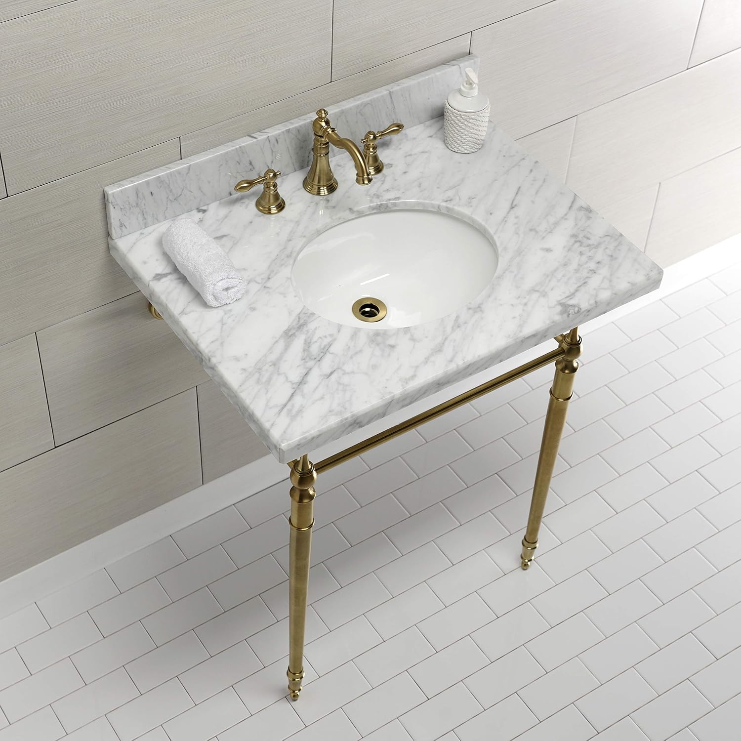 Kingston Brass KVPB3022M87 Edwardian 30" Console Sink with Brass Legs (8-Inch, 3 Hole), Marble White/Brushed Brass