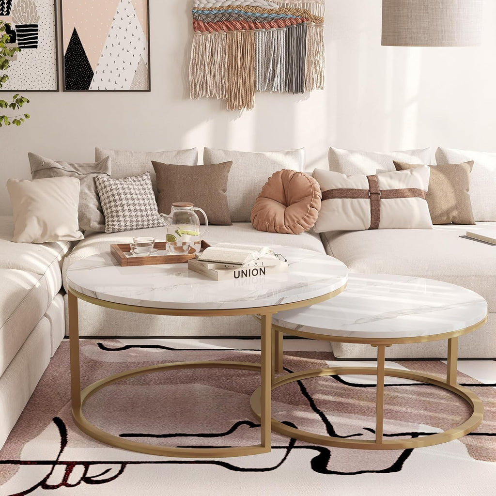 WiberWi Round Coffee Table Nesting Tables Set of 2, Large : Ø 34.0", Small : Ø 26.0", Modern Design Coffee Tables for Living Room, Gold Metal Frame Circle Cocktail Table, High Glossy Faux White Marble