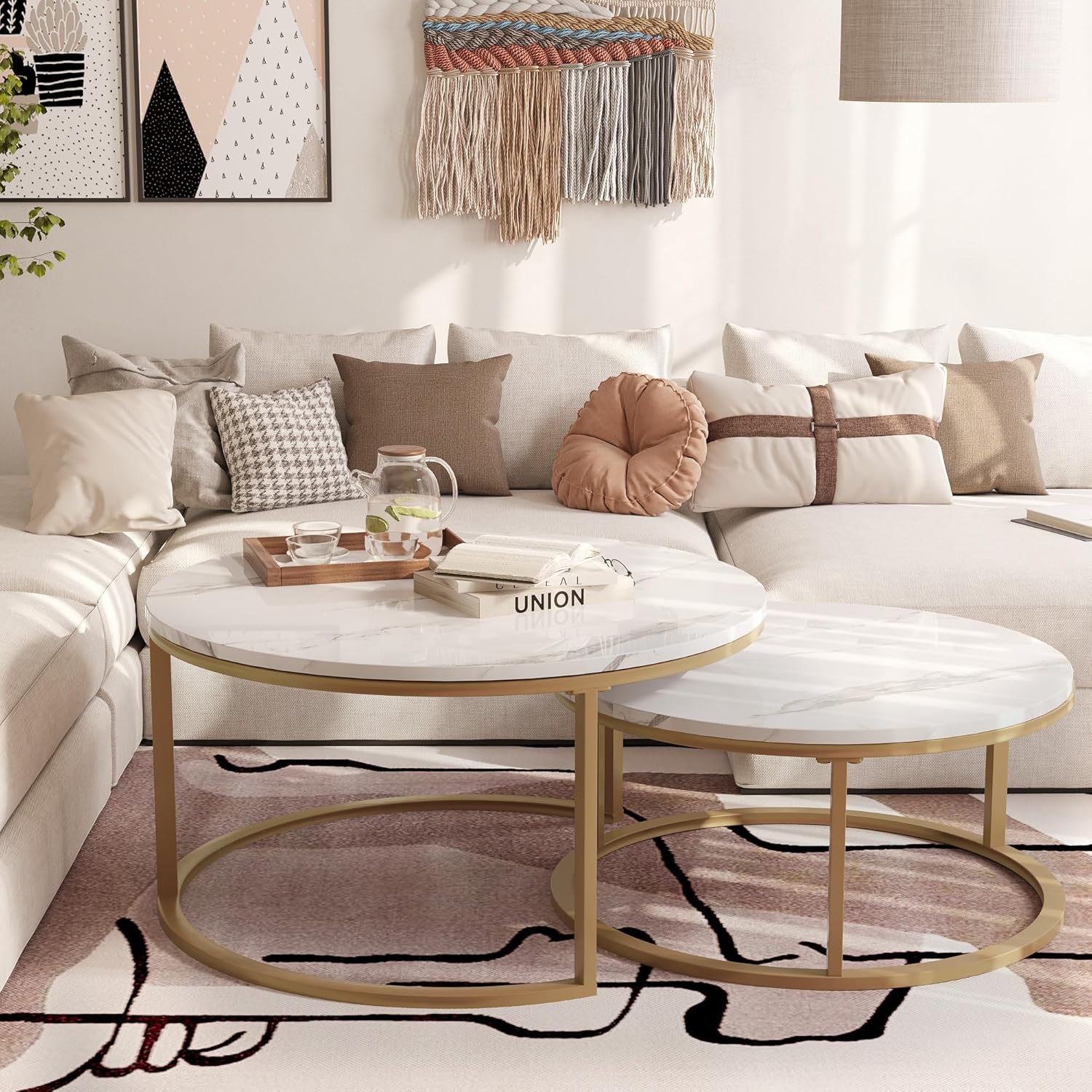 WiberWi Round Coffee Table Nesting Tables Set of 2, Large : Ø 34.0", Small : Ø 26.0", Modern Design Coffee Tables for Living Room, Gold Metal Frame Circle Cocktail Table, High Glossy Faux White Marble