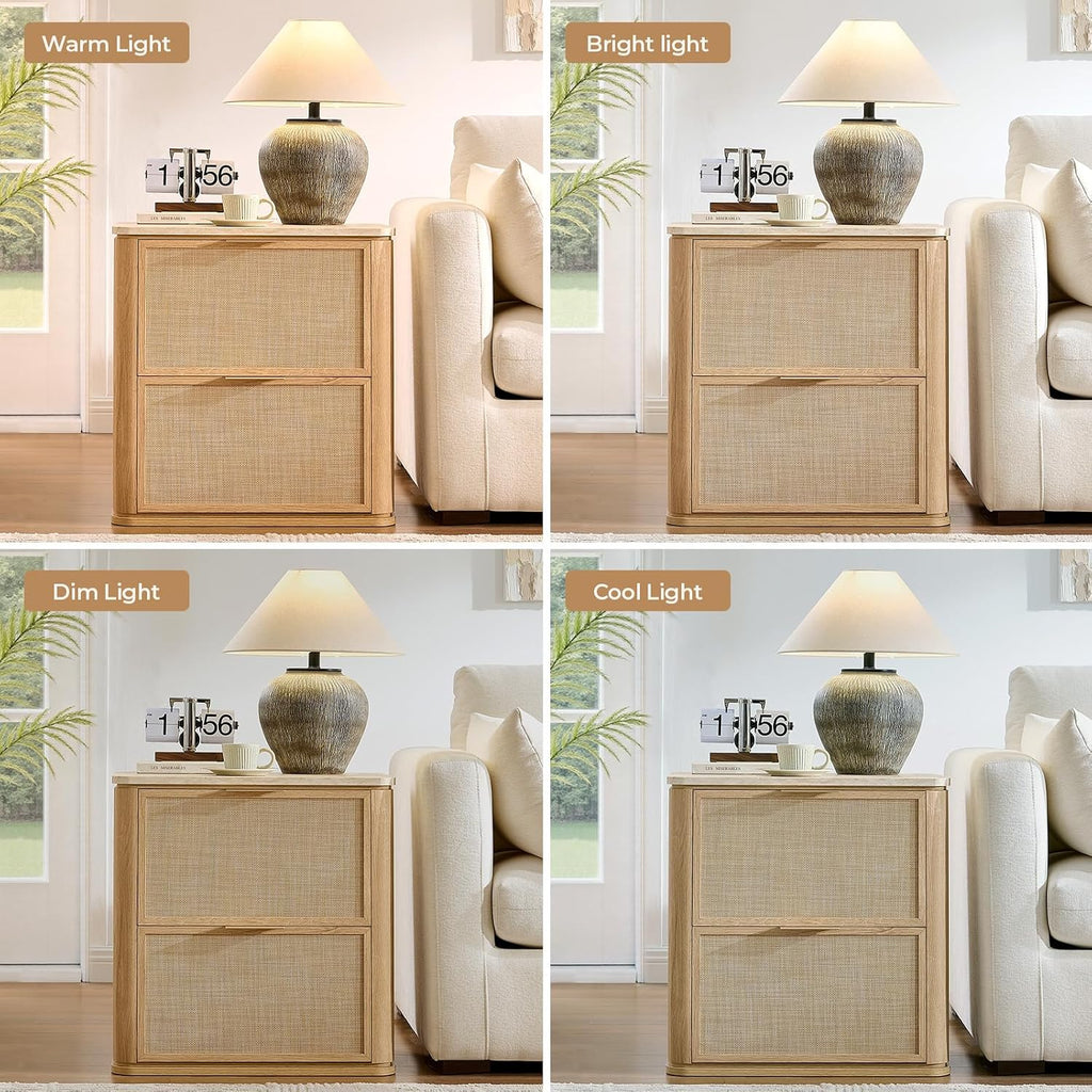 NightStand Set of 2, 23.11" W Rattan Nightstand with 2 Drawers, Faux Marble Top Bedside Table, Boho Mid Century End Table for Bedroom Living Room Sofa Office, Natural Oak [FSC Certified]