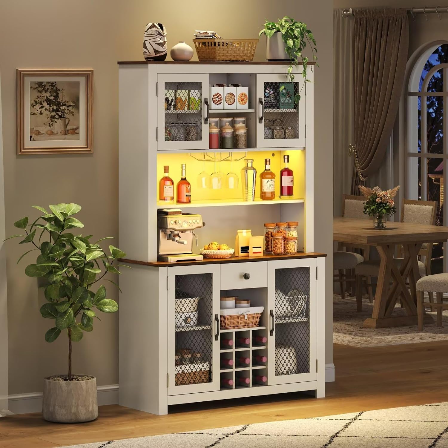 DRIXNO 70.9" White Kitchen Pantry Cabinet with RGB LED Lights & Charging Station, Farmhouse Buffet Hutch with Metal Mesh Doors, Wine Glass Rack & 9 Bottle Storage, Dining Room Cupboard Server