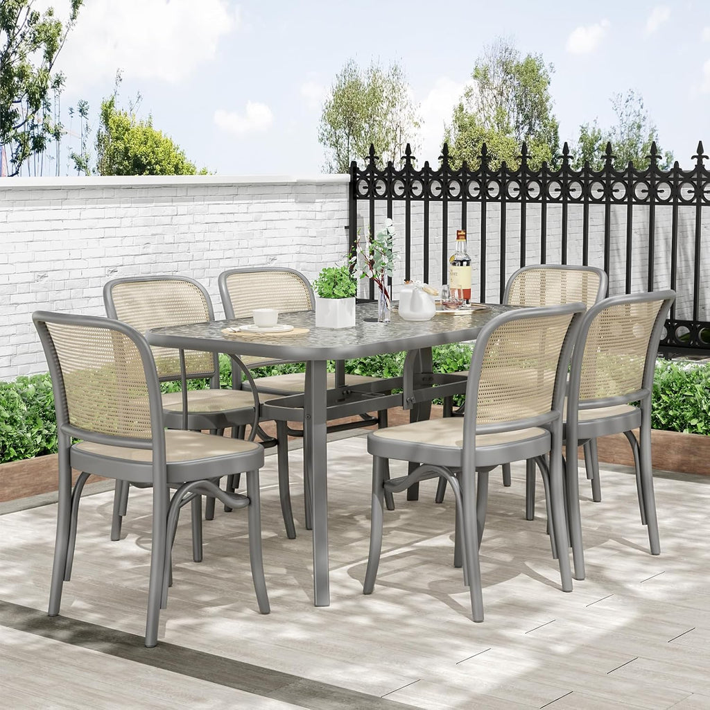 TLSUNNY Patio 30"X 55" Rectangular Glass Table with 1.69″ Umbrella Hole | Outdoor Dining Table for 6, with Powder-coated Metal Frame, 5mm Thickened Glass, 220LBS, All-Weather for Graden, Backyard