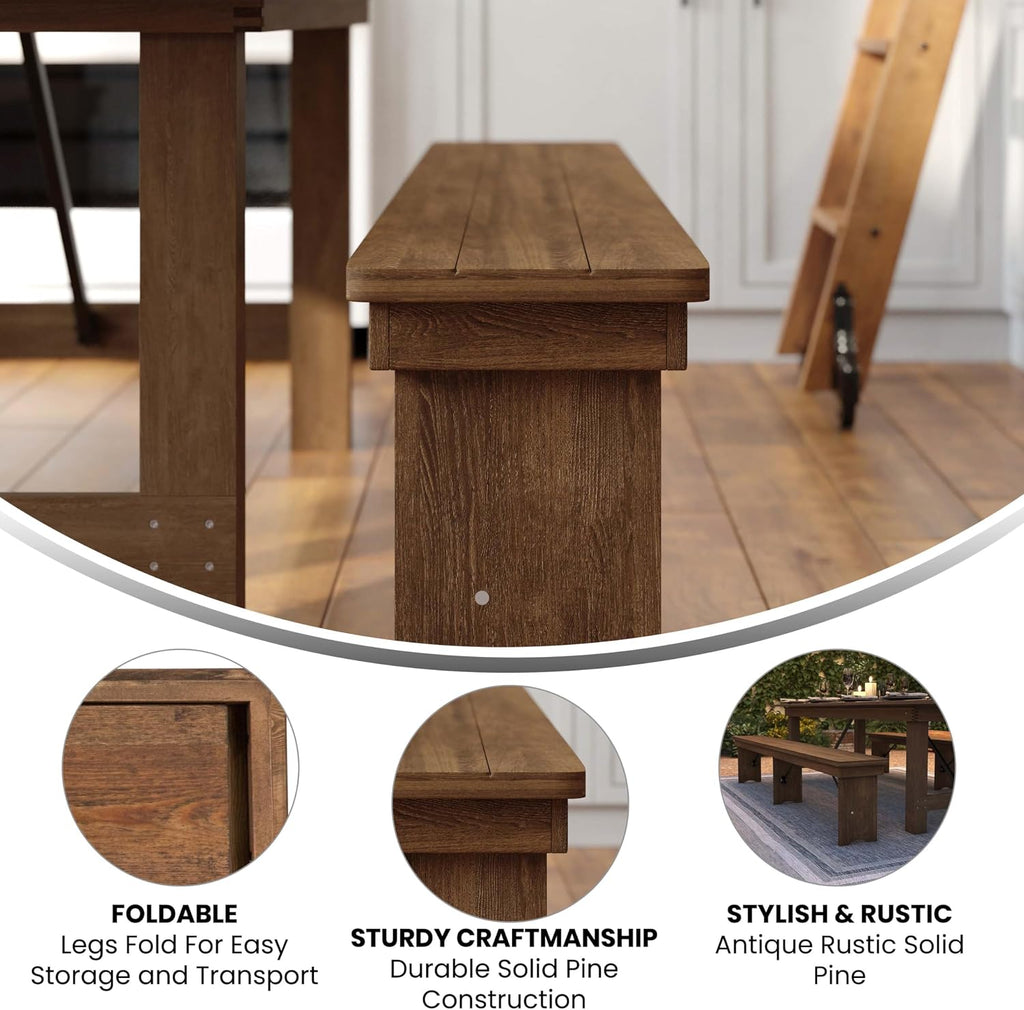 EMMA + OLIVER 8' x 12" Antique Rustic Solid Pine Folding Farm Bench with 3 Legs
