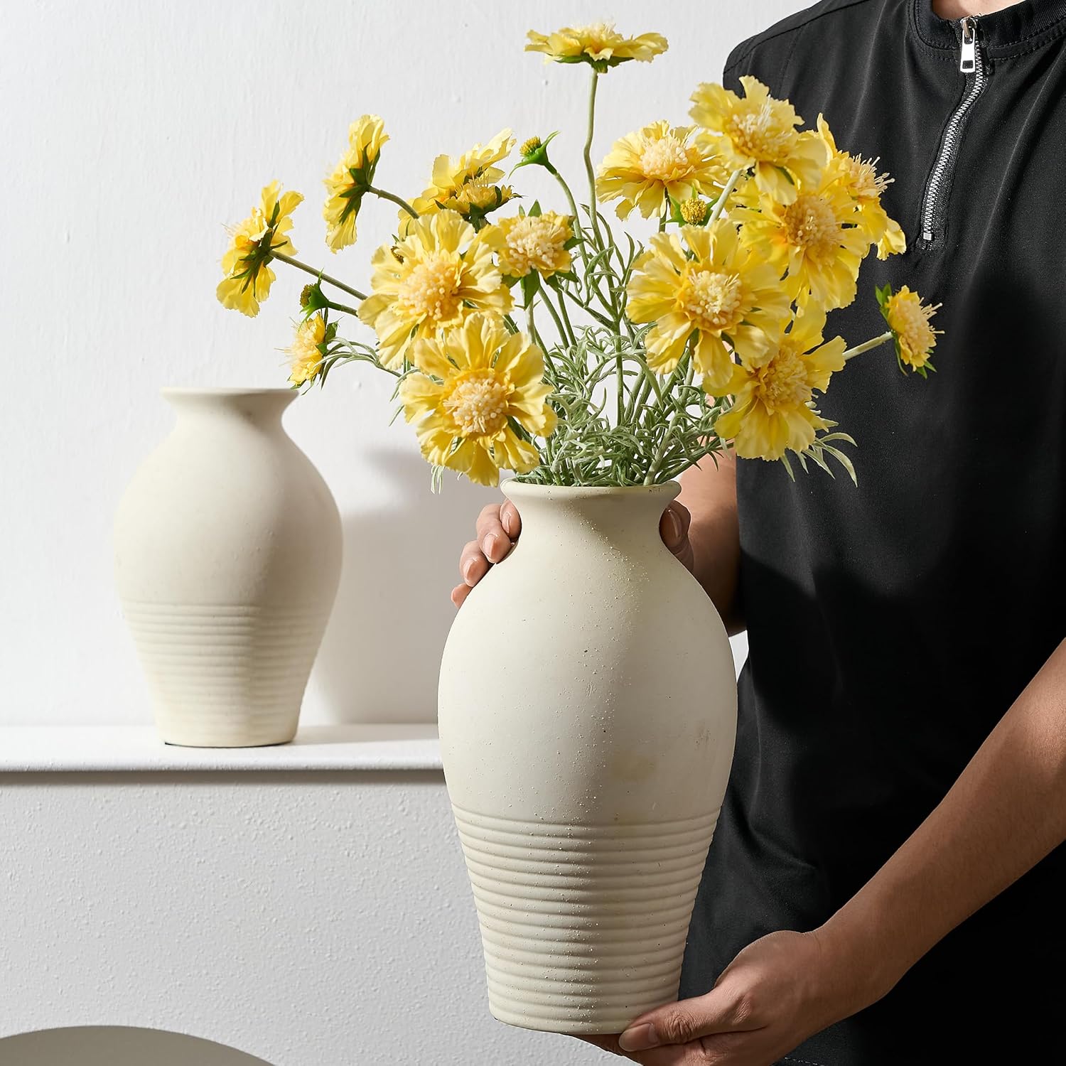 LUKA Ceramic Flower Vase Home Decor,11inches Large Farmhouse Table Vases Rustic Vintage Living Room Kitchen Bedroom Decorations for Home, Shelf, Fireplace Mantel Decoration (11",Off-White)