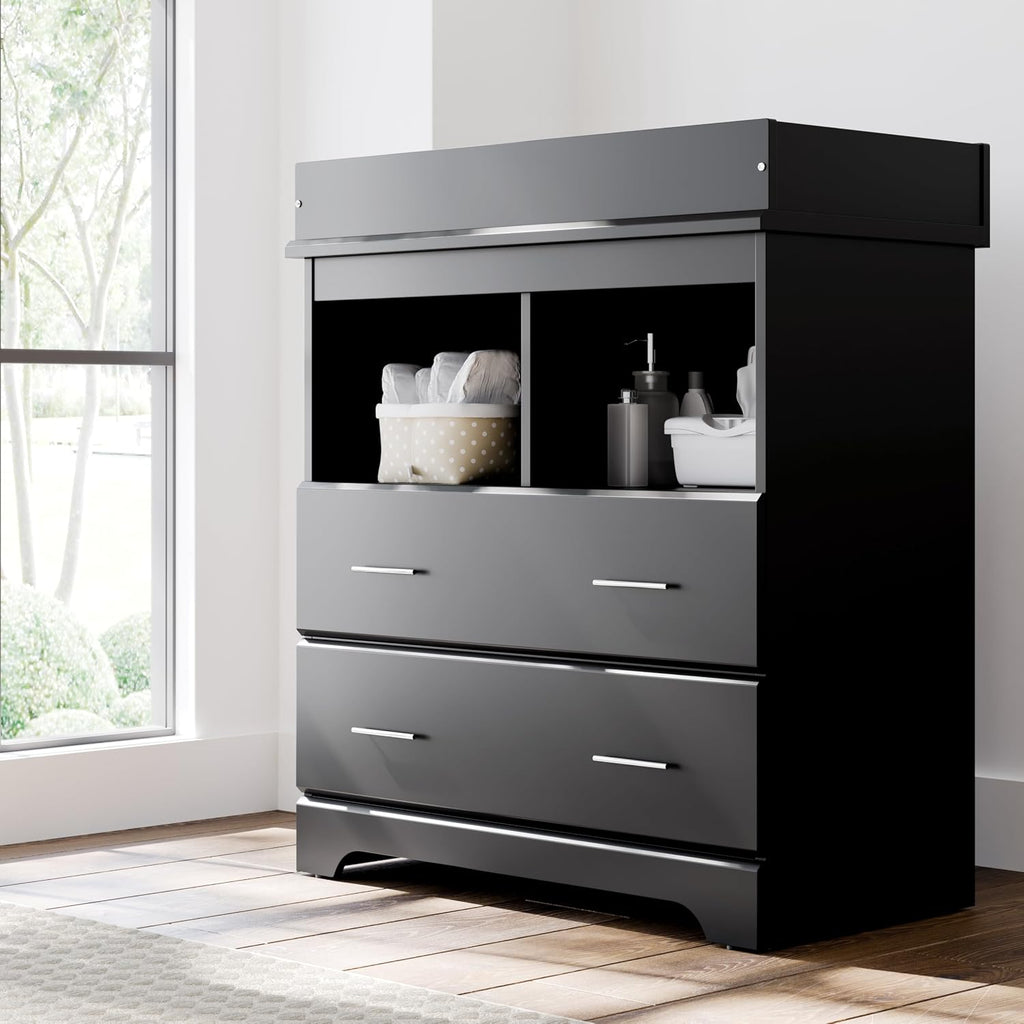 Storkcraft Brookside 2 Drawer Changing Table Dresser, Black | GREENGUARD Gold Certified Baby Dresser with Removable Changing Table Topper, Includes Interlocking Drawer System