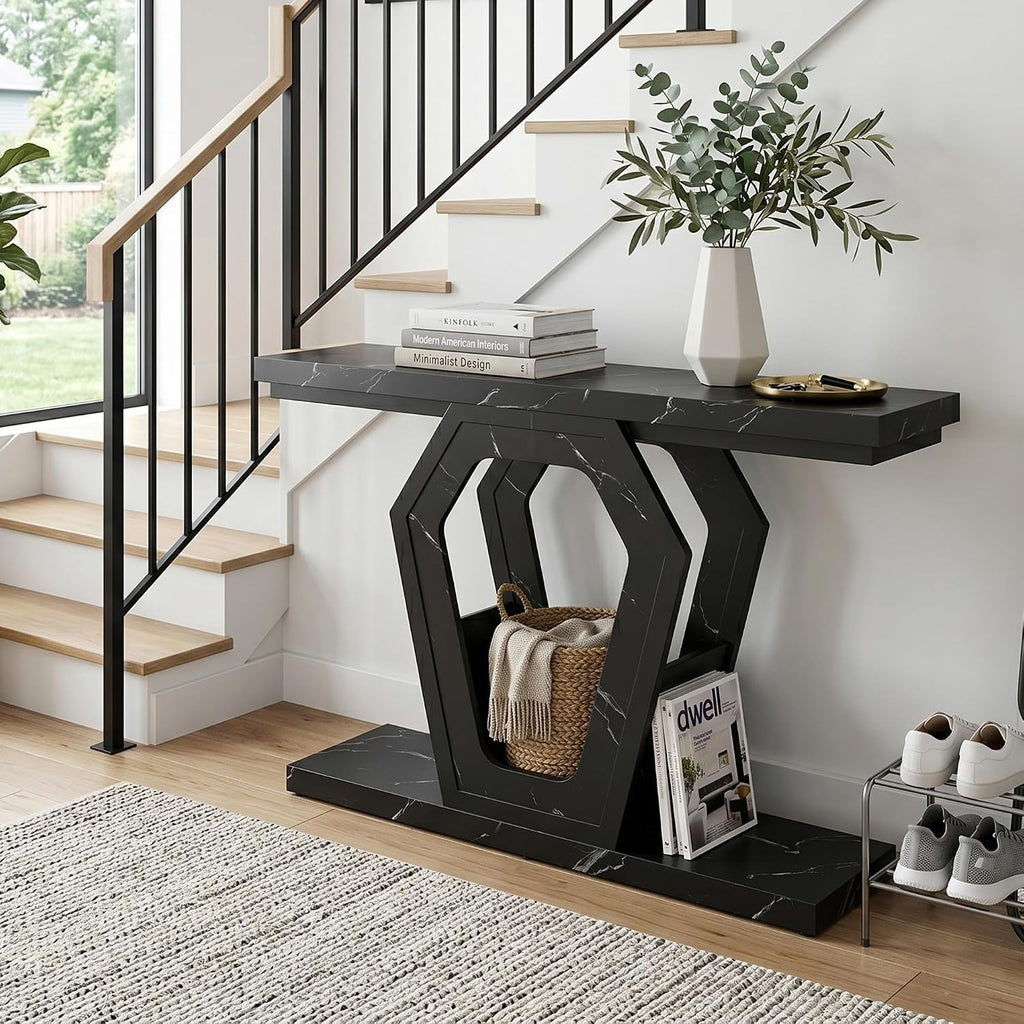 senlin Sofa Table 47.3 Inch Narrow Console Table with Openwork Frame, Industrial Entryway Table for Hallway, Wood and Metal, Adjustable Leg Pads, Easy Assembly (Black Marble Texture)